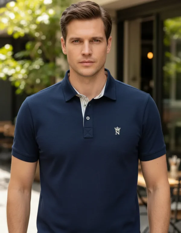 A polo que não perde a forma. Colarinho estruturado + acabamento premium.